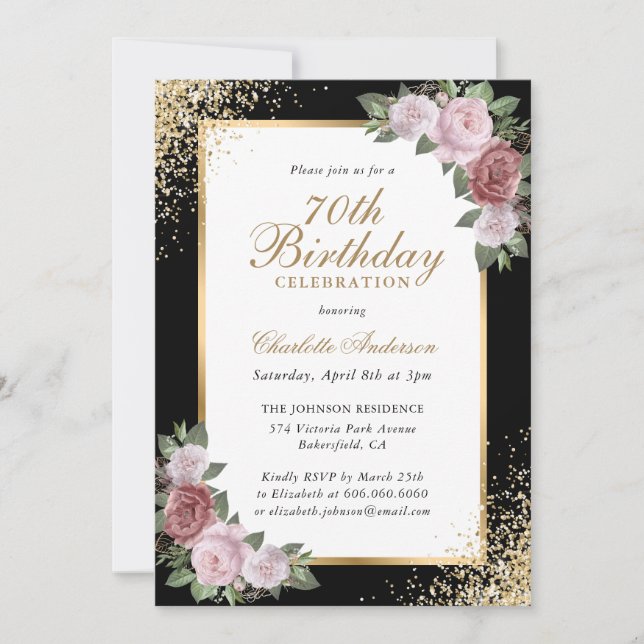 Blush Floral Black Gold Confetti 70th Birthday Invitation (Front)