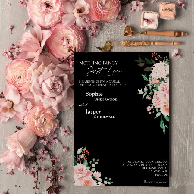 Blush Floral Black Nothing Fancy Just Love Wedding Invitation (Creator Uploaded)