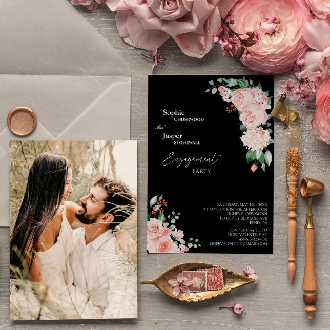 Blush Floral Black Photo Engagement Party Invitation (Creator Uploaded)