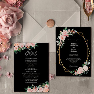 Blush Floral Black Simple All In One Wedding Invitation