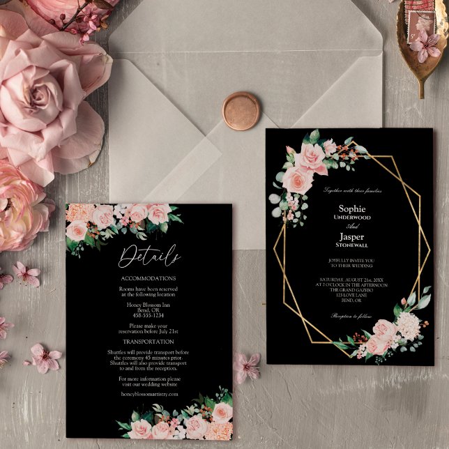 Blush Floral Black Simple All In One Wedding Invitation (Creator Uploaded)