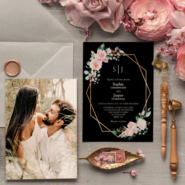 Blush Floral Black Simple Monogram Photo Wedding Invitation (Creator Uploaded)