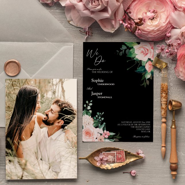 Blush Floral Black We Do Photo Wedding Invitation (Creator Uploaded)