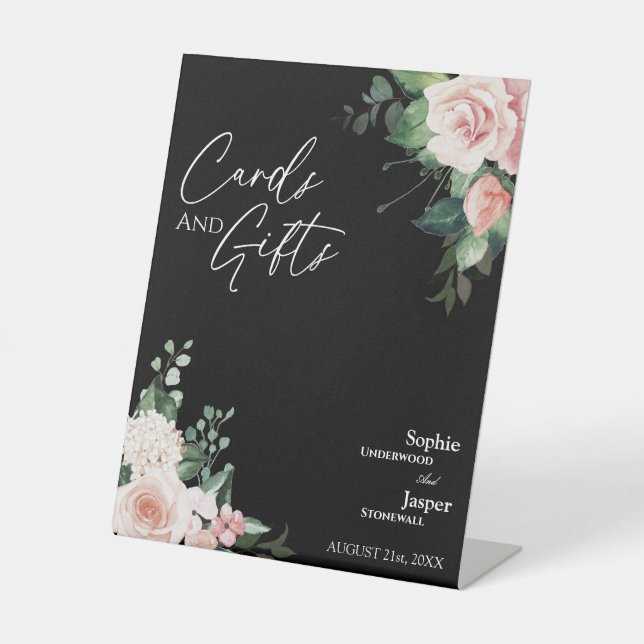 Blush Floral Black Wedding Cards and Gifts Sign (Front)