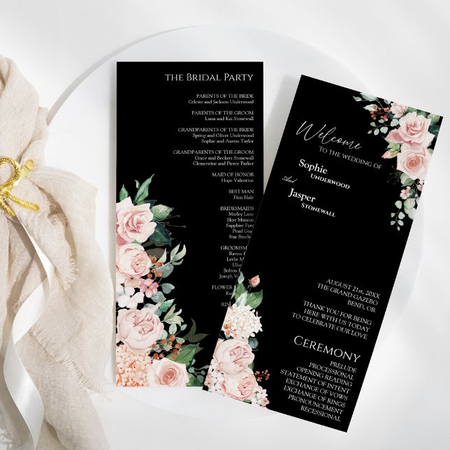 Blush Floral Black Wedding Flat Program Programme (Creator Uploaded)