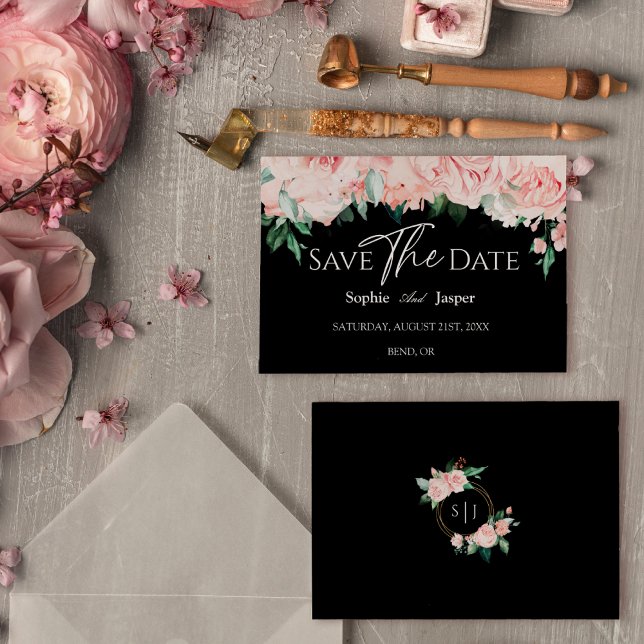 Blush Floral Black Wedding Flat Save The Date (Creator Uploaded)