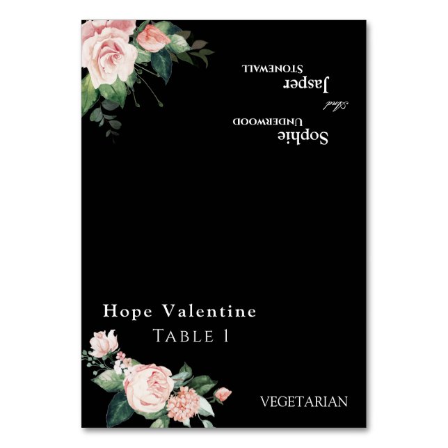 Blush Floral Black Wedding Foldable Place Card (Front)