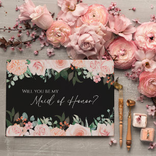 Blush Floral Black Wedding Maid Of Honour Proposal Invitation