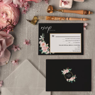 Blush Floral Black Wedding Menu RSVP Card