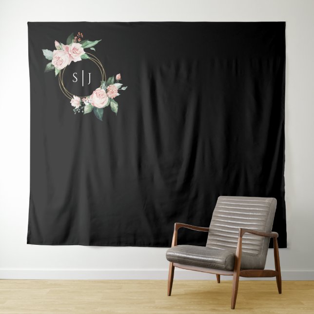 Blush Floral Black Wedding Photo Backdrop Tapestry (In Situ (Horizontal))