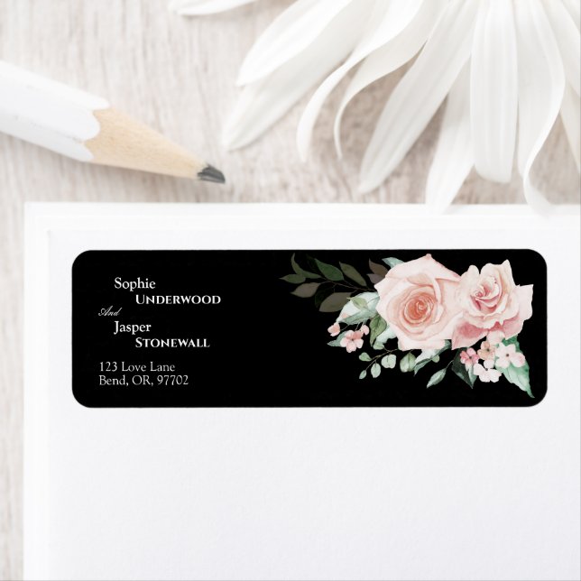 Blush Floral Black Wedding Return Address Label (Insitu)