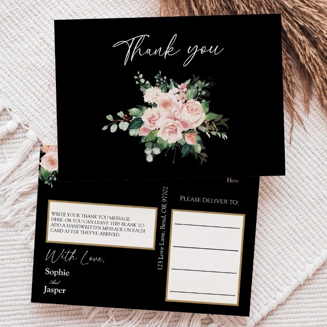 Blush Floral Black Wedding Thank You Postcard (Creator Uploaded)