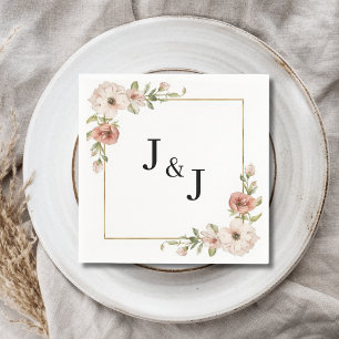 Blush Floral Blooming Frame Initials Wedding Napkin