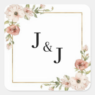 Blush Floral Blooming Frame Initials Wedding Square Sticker
