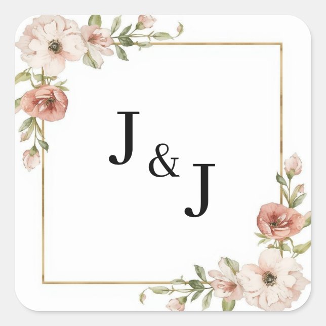 Blush Floral Blooming Frame Initials Wedding Square Sticker (Front)