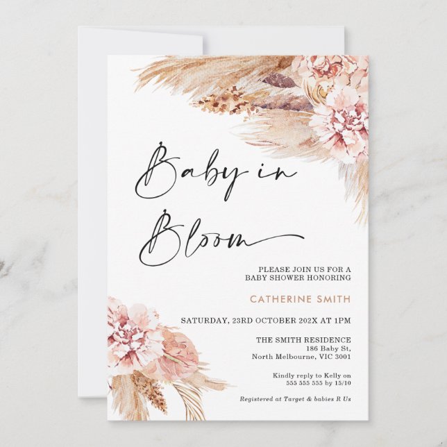 Blush Floral Boho Pampas Grass Baby in Bloom Invitation (Front)