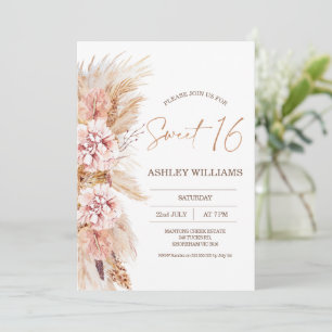 Blush Floral Boho Pampas Grass Sweet 16 Birthday  Invitation