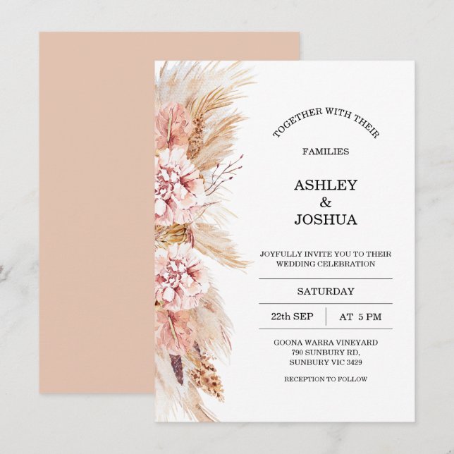 Blush Floral Boho Pampas Grass Wedding Invitation (Front/Back)