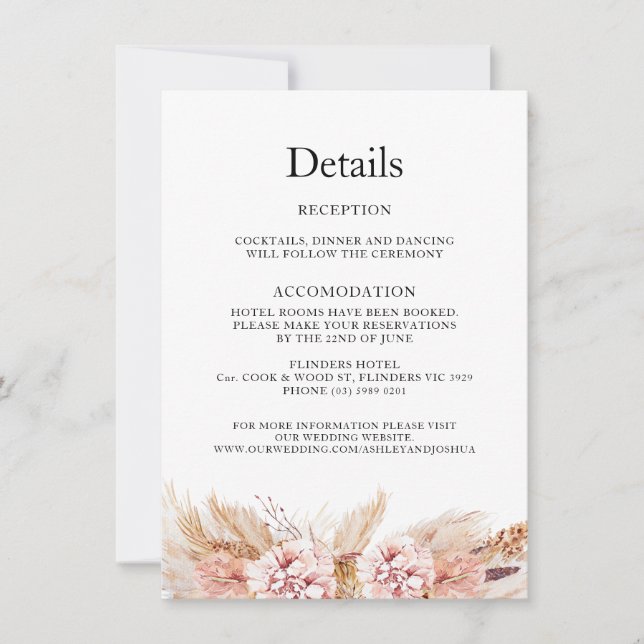 Blush Floral Boho Pampas Wedding Details Card (Front)