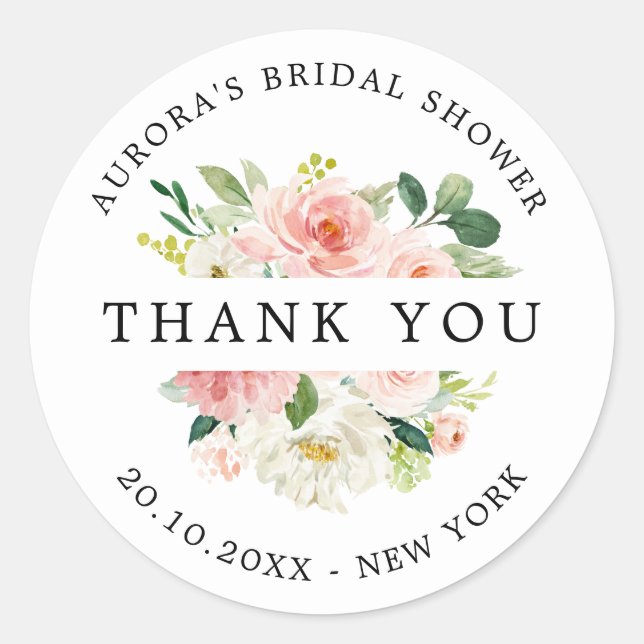 Blush Floral Botanical Bridal shower thank you Classic Round Sticker (Front)