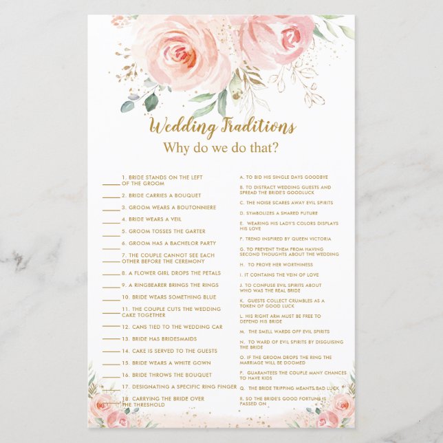 Blush Floral Bridal Shower Wedding Traditions Game (Front)