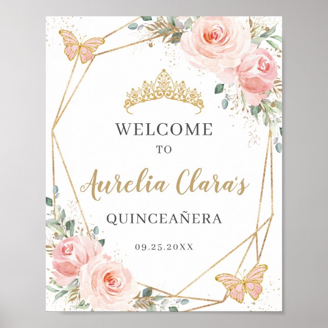 Blush Floral Butterflies Quinceanera Birthday  Poster (Front)