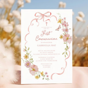 Blush Floral Butterfly Communion Invitation