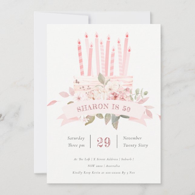 Blush Floral Cake Candles Any Age Birthday Invite (Front)