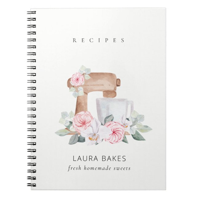 Blush Floral Cake Mixer Bakery Catering Recipe Notebook (Front)
