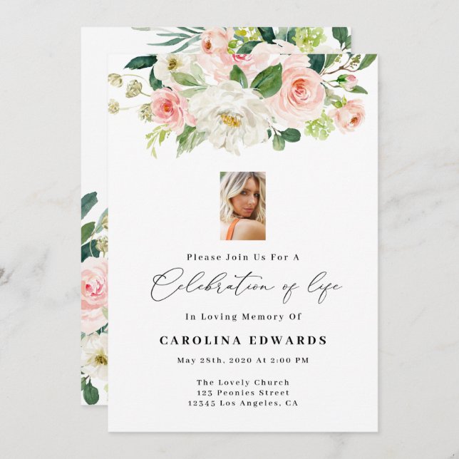 Blush Floral Celebration Of Life Invitations (Front/Back)