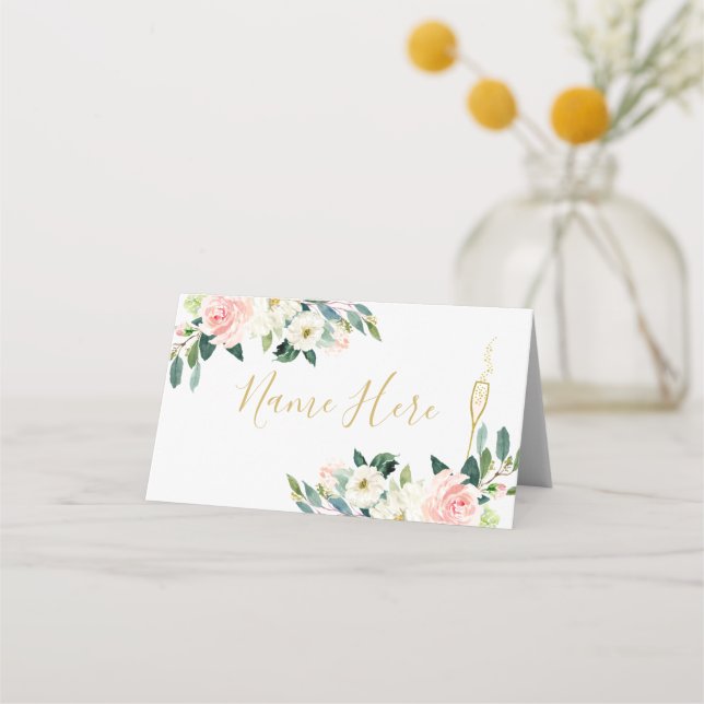 Blush Floral Champagne Glass Folded Place Card (Front)