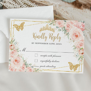 Blush Floral Champagne Quinceañera Butterfly Reply RSVP Card