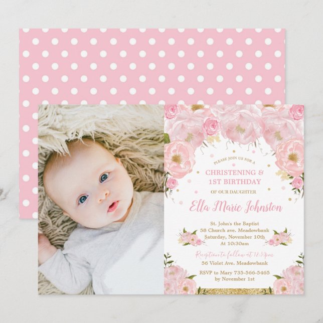 Blush Floral Christening 1st Birthday Party Photo Invitation (Front/Back)
