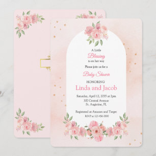 Blush Floral Christian Baby Shower with Gold Cross Invitation