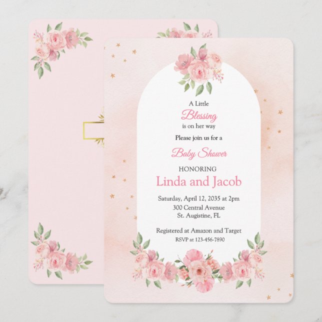 Blush Floral Christian Baby Shower with Gold Cross Invitation (Front/Back)