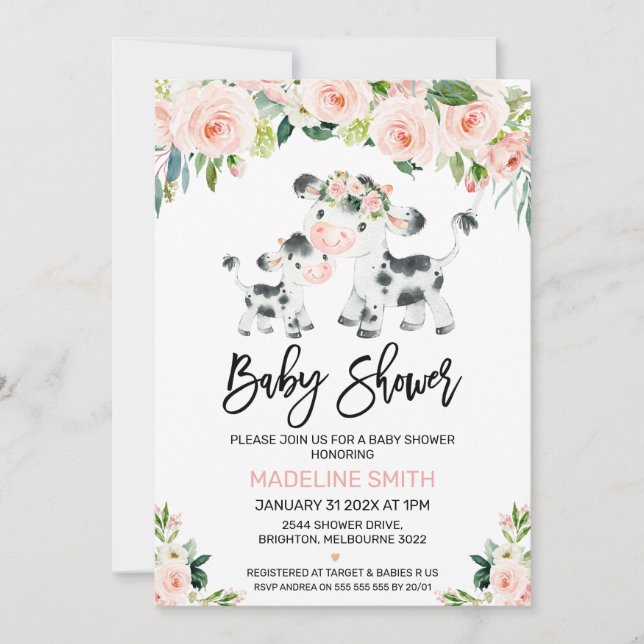 Blush Floral Cow and Calf Baby Shower Invitation (Front)