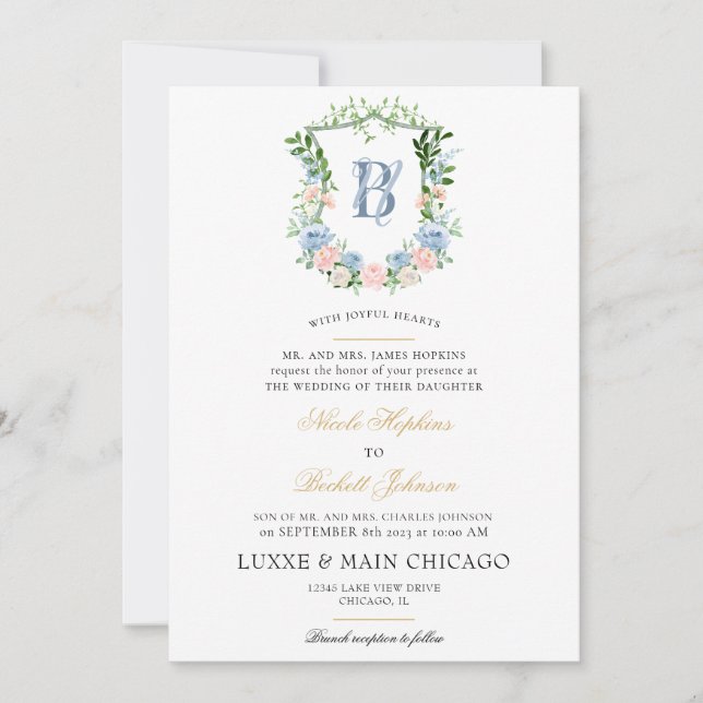Blush Floral Crest Wedding Invitation (Front)