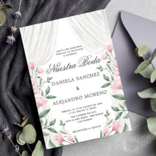 Blush Floral Curtain Nuestra Boda Spanish Wedding Invitation