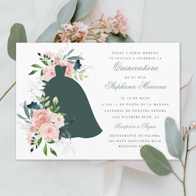 Blush Floral Custom Colour Dress Quinceañera  Invitation (Creator Uploaded)