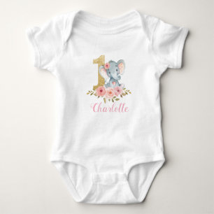 Blush Floral Cute Baby Elephant 1st Birthday Baby Bodysuit
