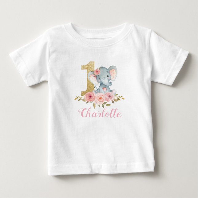 Blush Floral Cute Baby Elephant 1st Birthday Baby T-Shirt (Front)
