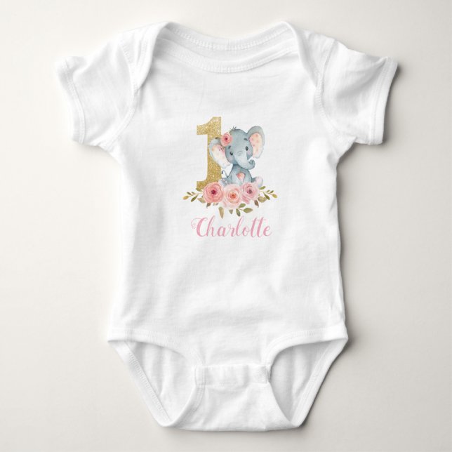 Blush Floral Cute Baby Elephant 1st Birthday Bodysuit (Front)