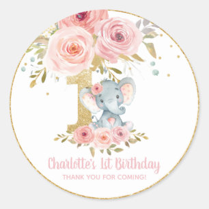 Blush Floral Cute Elephant 1st Birthday One Favour Classic Round Sticker