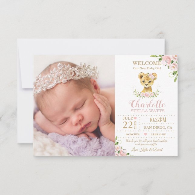 Blush Floral Cute Lion Cub New Baby Photo Birth Announcement (Front)