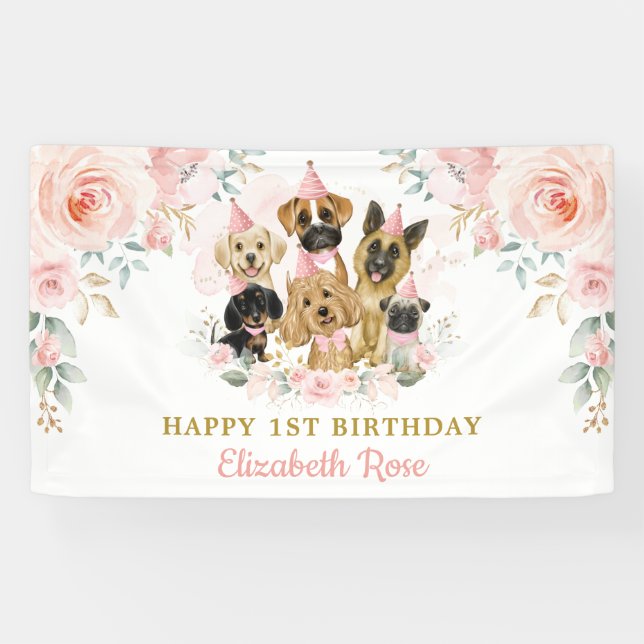 Blush Floral Dogs Puppies Birthday Girl Welcome Banner (Horizontal)