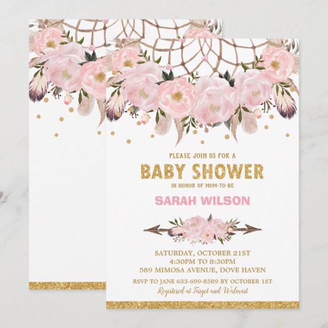 Blush Floral Dream Catcher Baby Shower Girl Boho Invitation (Front/Back)