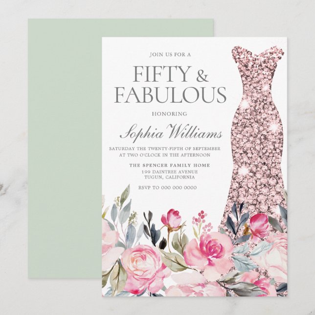 Blush Floral Dress Fifty & Fabulous 50th Birthday Invitation (Front/Back)