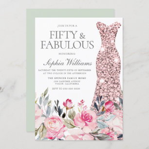 Blush Floral Dress Fifty & Fabulous 50th Birthday Invitation