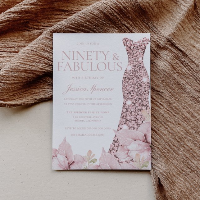 Blush Floral & Dress Glitter 90th Birthday Party Invitation (Creator Uploaded)