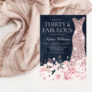Blush Floral & Dress Navy 30th Birthday Party Invitation